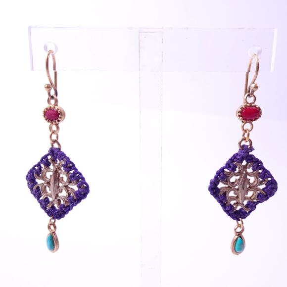 Neiman Marcus Majestic Cabochon Turq Lapis Woven Cabochon Earrings NWT 178 - Picture 2 of 7